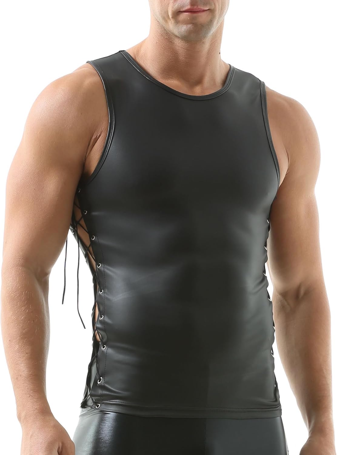 DTODWW Men's Faux Leather Vest Sleeveless Undershirt Tank Top Shirt Round Neck Undershirt Clubwear - Image 3