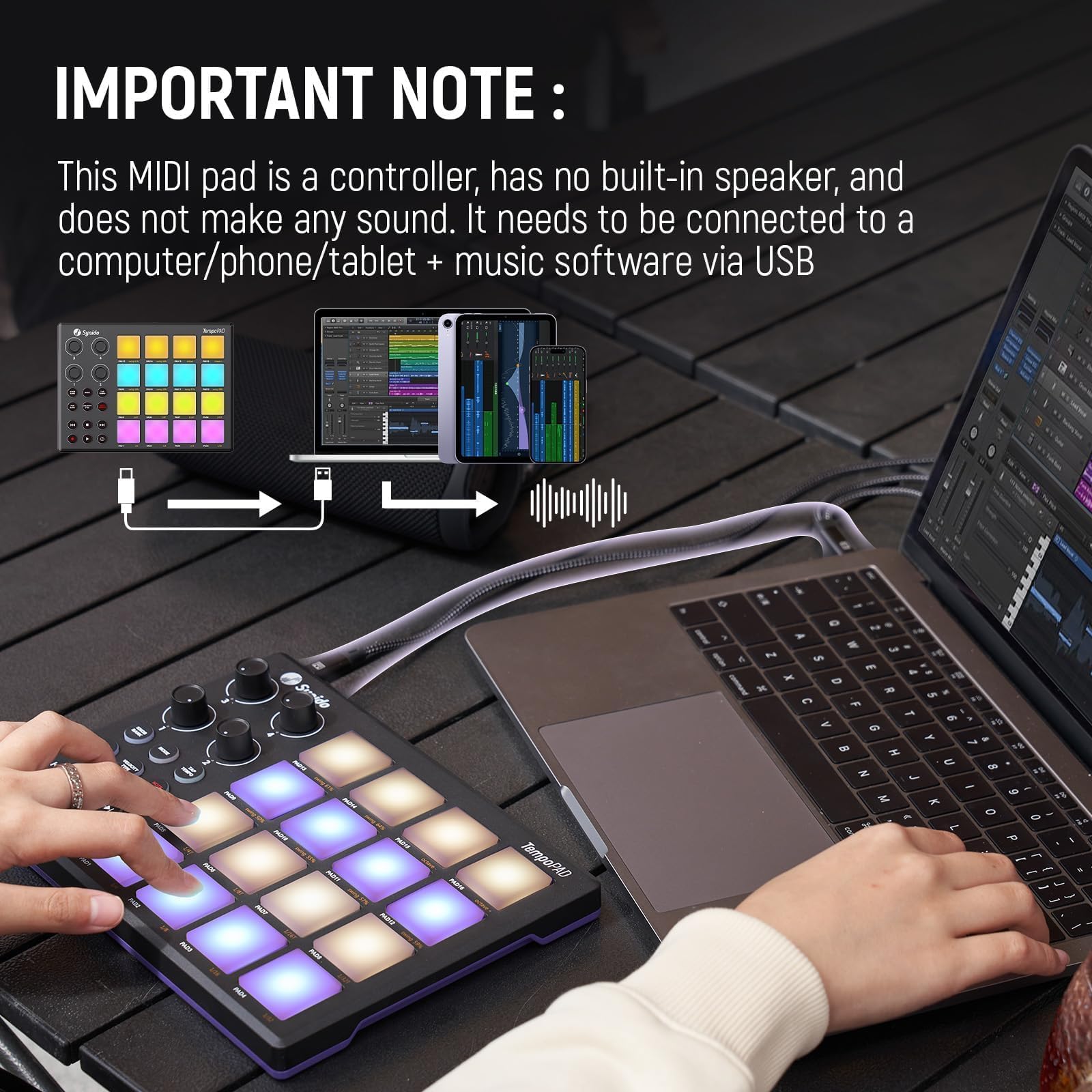 Synido TempoPAD Machine à rythmer pour la production musicale, contrôleur de pad MIDI USB portable pour débutants avec sac de transport durable, 16 coussinets rétroéclairés, 4 assignables