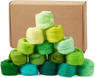 Magibeads 15 colores verdes con aguja de fieltro de lana de fibra para principiantes, suministros de manualidades, 5 g/paquete
