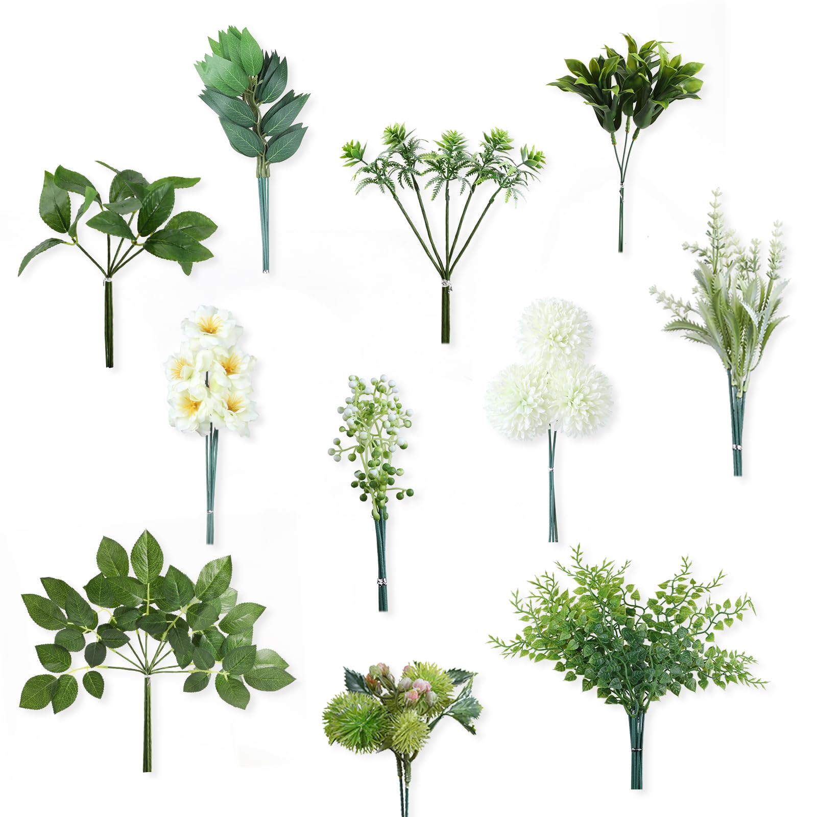 Artificial Flowers and Greenery Plants Set, 64 pcs with 11 Kinds of Faux Greenery Stems for DIY Wedding Bouquet Table Centerpiece Floral Arrangement Home Decoration (Spring Green)
