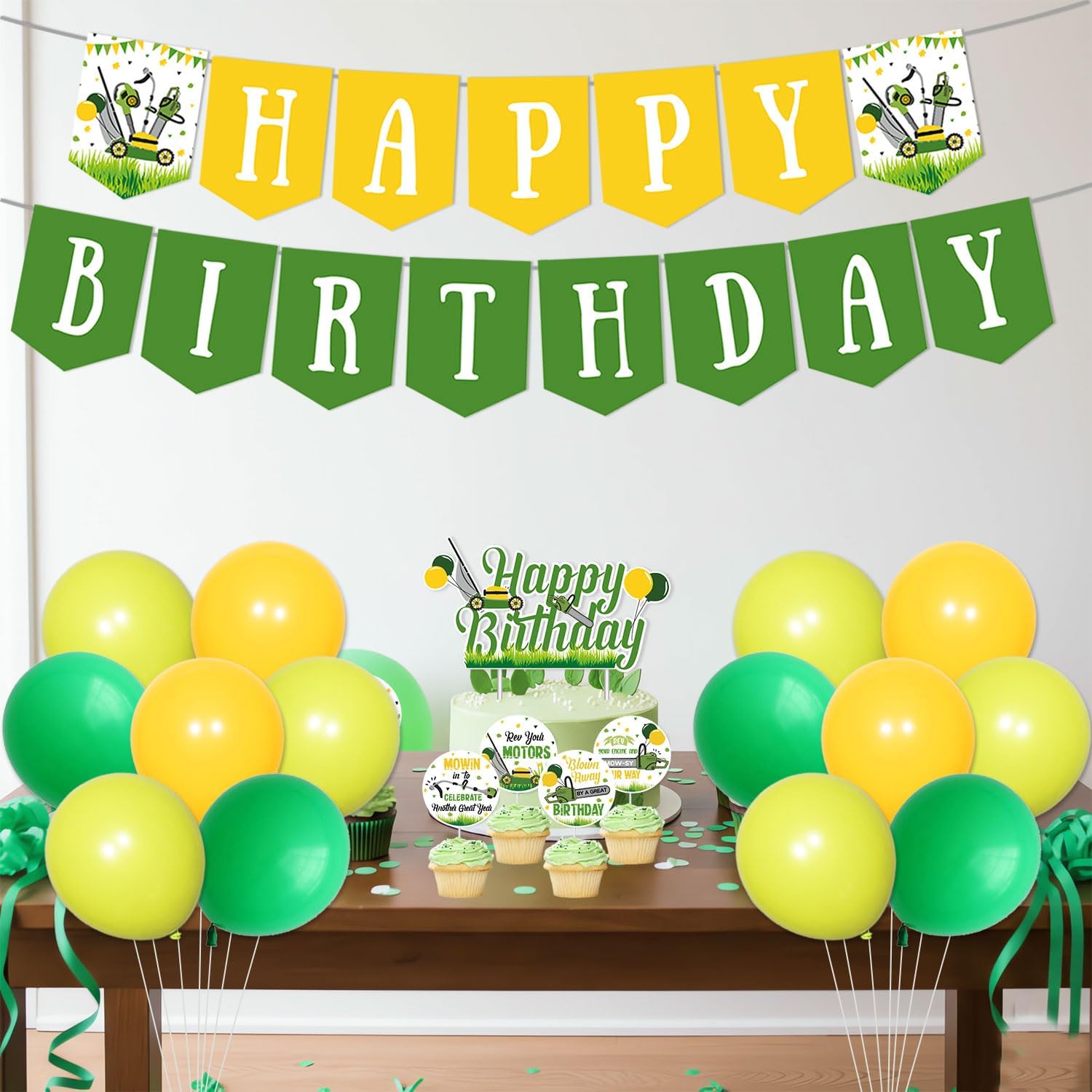 46Pcs Lawnmower Birthday Party Decoration - Mower Background Happy Birthday Banner Green Tractor Cupcake Toppers for Boys Farm Themed Tractor Time Party Supplies