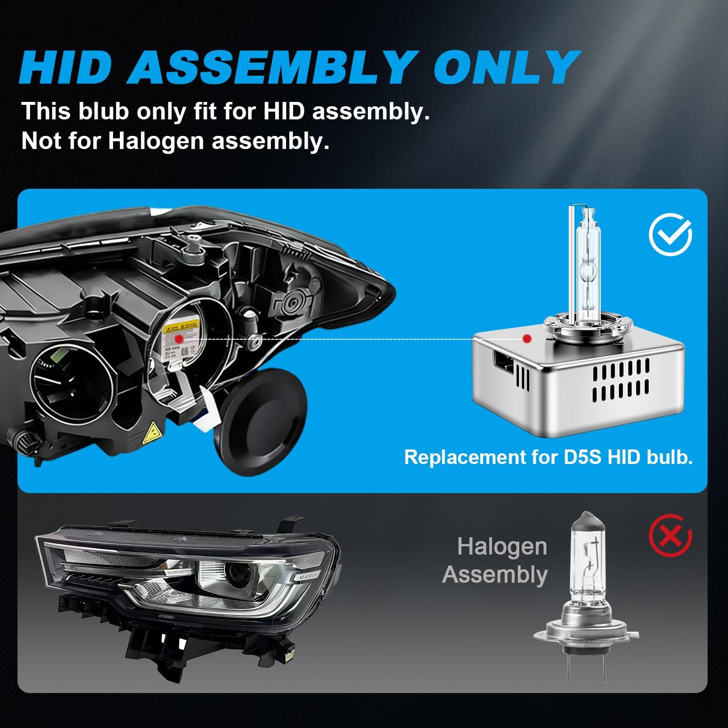 D5S Xenon HID Headlight Bulb, 6000K 35W Cold White Metal Base High Low Beam Light Bulb Replacement, Pack of 1