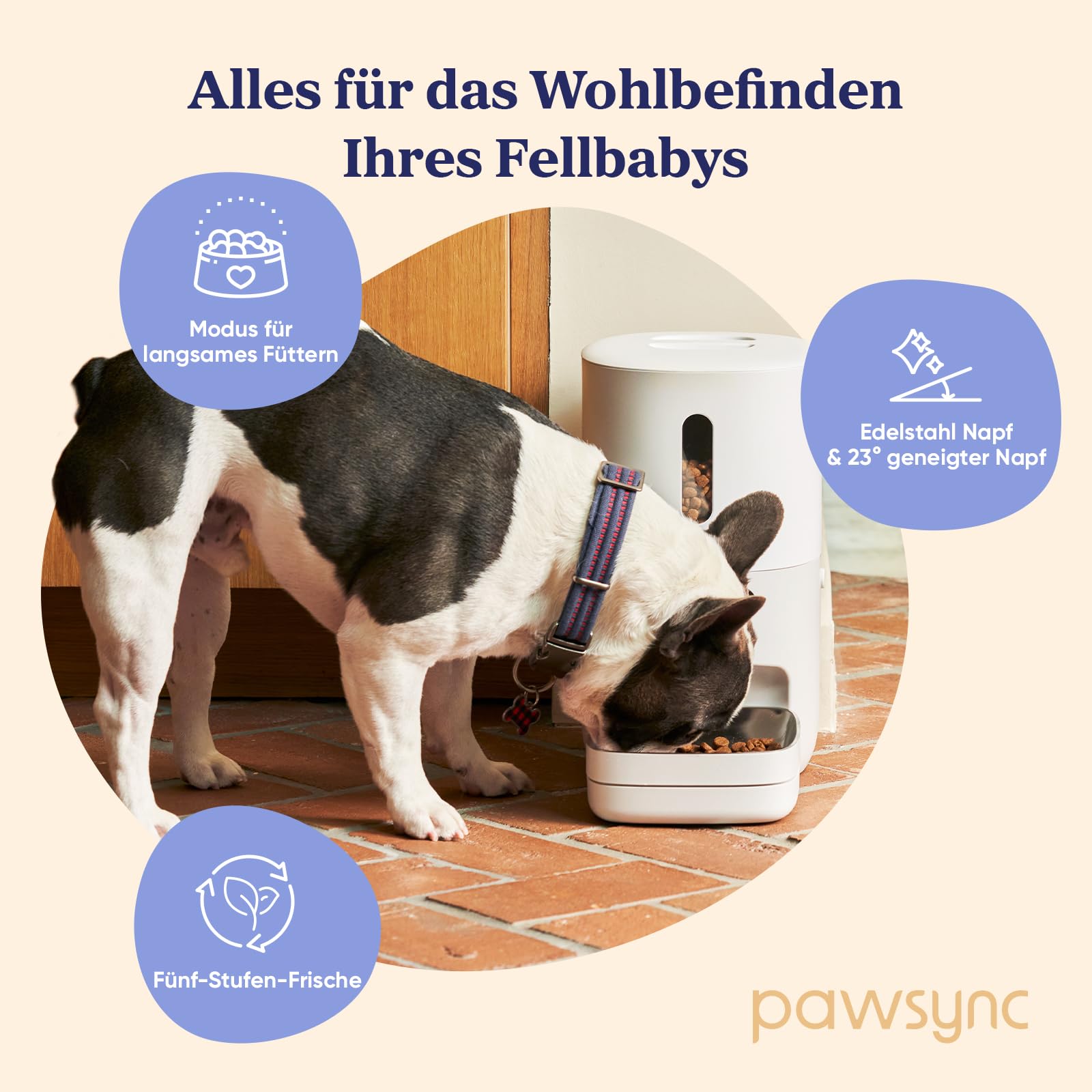 Pawsync Smart Futterautomat, Farbwechselnde Erinnerung, Haustierfutter-Trockenmittel hält Futter trocken & frisch, bis zu 3 Monate, App-Benachrichtigungen, Cremeweiß