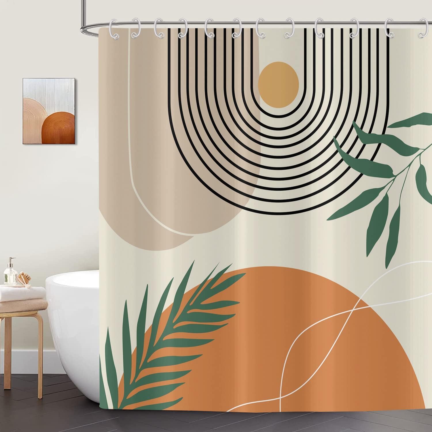 ASDCXZ Boho Shower Curtain 165x180 cm, Waterproof Fabric Shower Curtains, Modern Abstract Art Boho Style Orange Sun Green Leaves Beige Outdoor Washable Polyester Bathroom Curtain with 12 Hooks