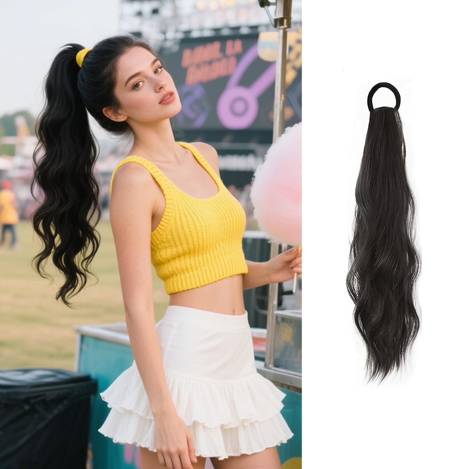 2PCS Curly Ponytail Extension with Elastic Tie 17 Inch Resistant Synthetic Natural Wavy Hairpiece Pony Tail Hair Extensions Wave Fake Ponytail Hairpieces for Women Daily Wear（Natural Black-1pcs）