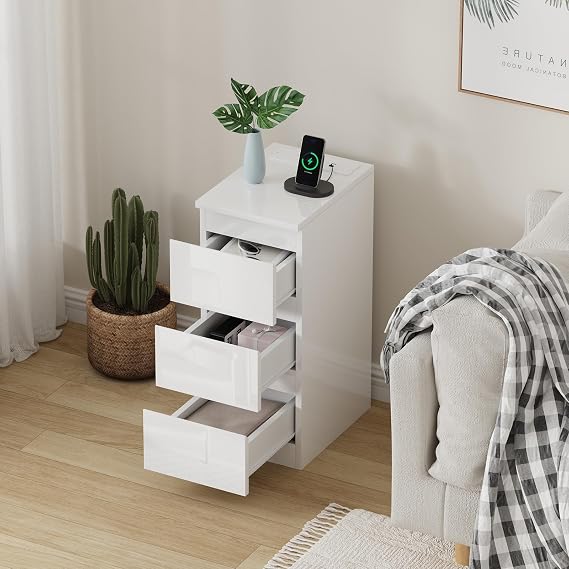 Pantanal Set of 2 Slim Bedside Table 3 Drawers Cabinet Nightstand with Charging Station, 25CM Small Narrow Side Table End Table Wood with 2 USB Ports & Power Sockets for Bedroom Living Room