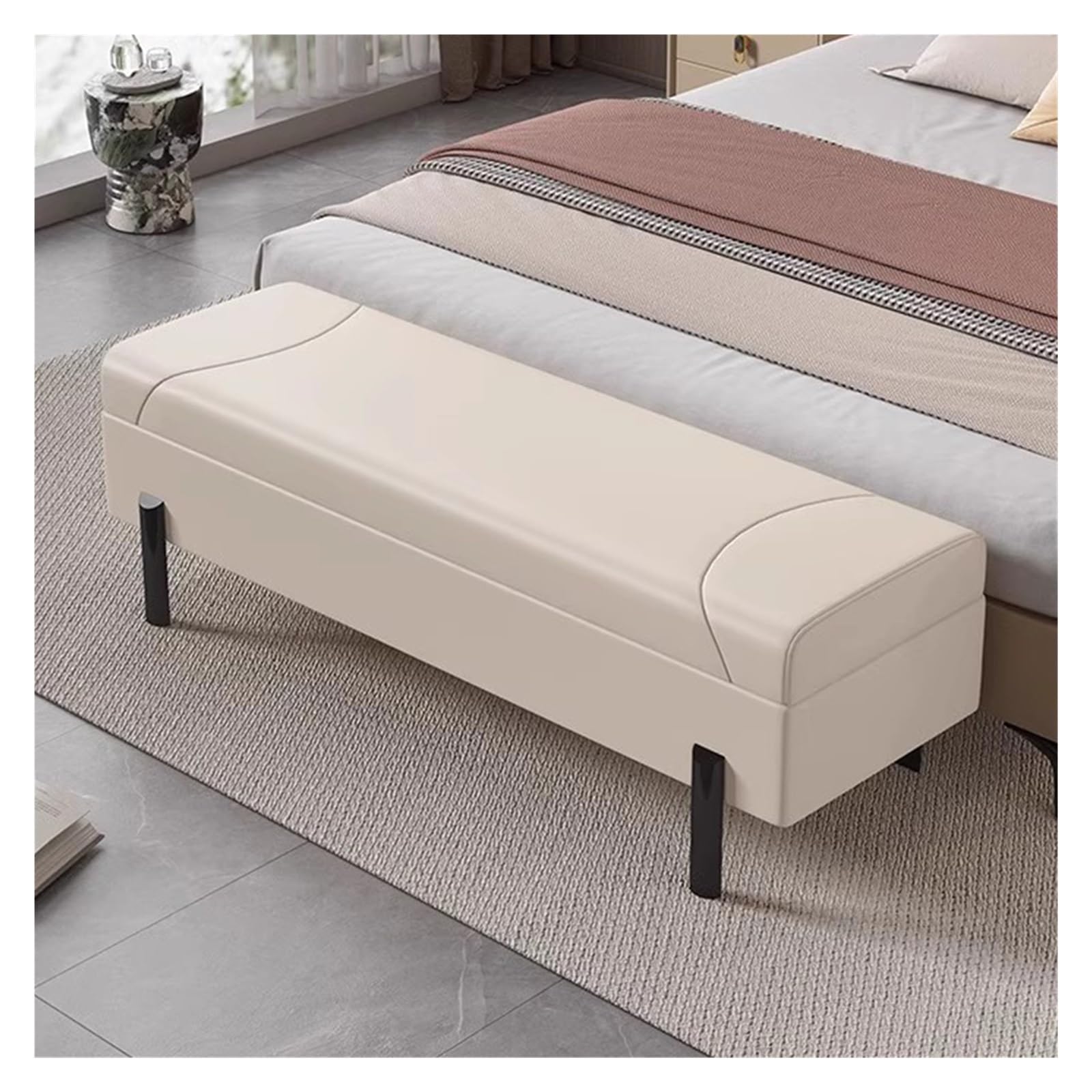LWJSOCP Faux Leather Ottoman Bench with Storage & Footrest Modern MidCentury Entryway Shoe Storage Seat for Living Room Stylish Cream 100CM Design