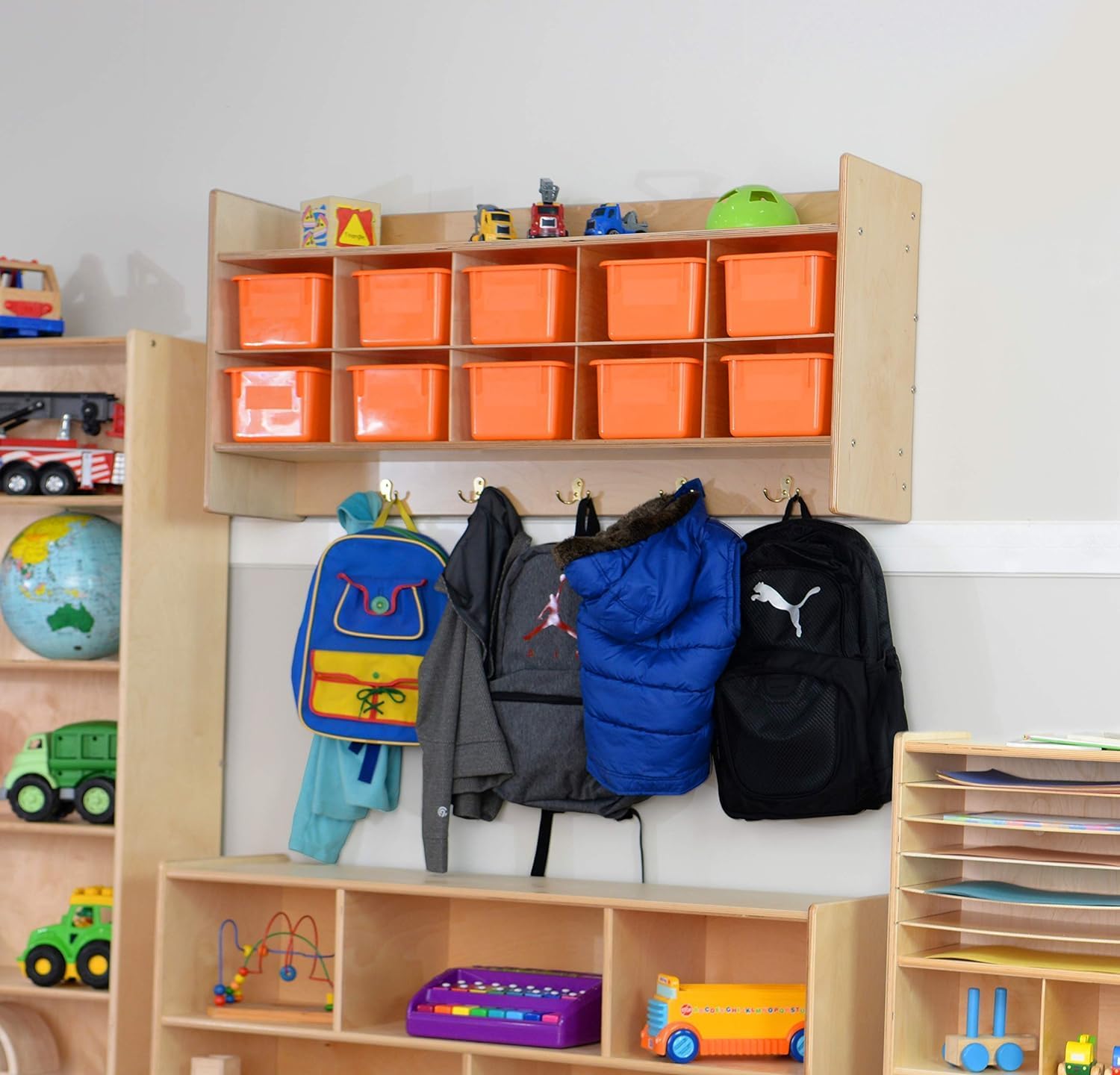 Contender 10 Section Wall Mounted Storage Cabinet with Orange Trays, Multipurpose Playschool Furniture, Hardwood Shelf for Homeschool Supplies [ Fully Assembled ]