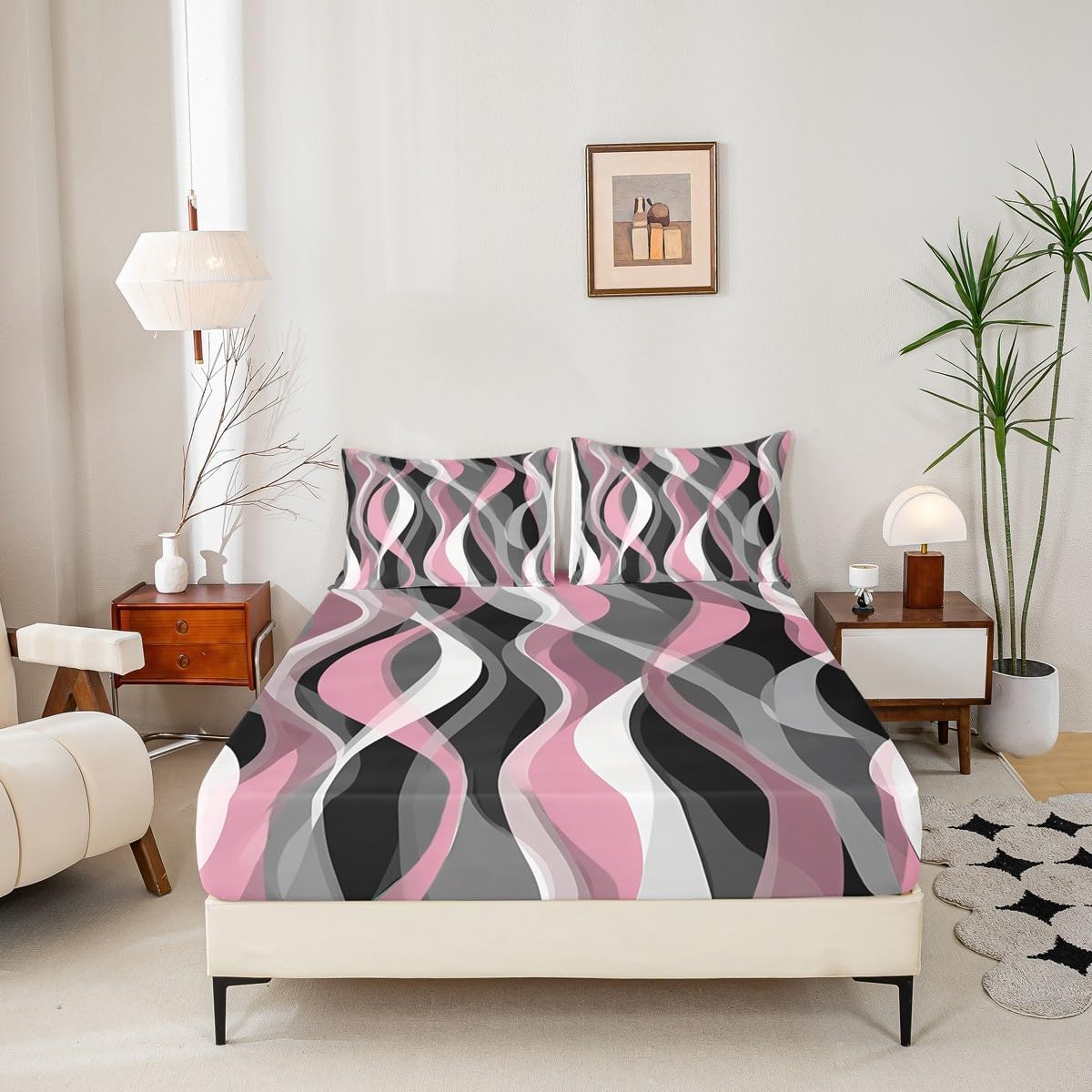 Feelyou Pink Grey Black Stripes Sheet Set King Size Kids Geometric Sheets with Deep Pocket Fitted Sheet for Boys Teens Geometric Bed Sheets Set Breathable Modern Striped Art Abstract Art Room Decor