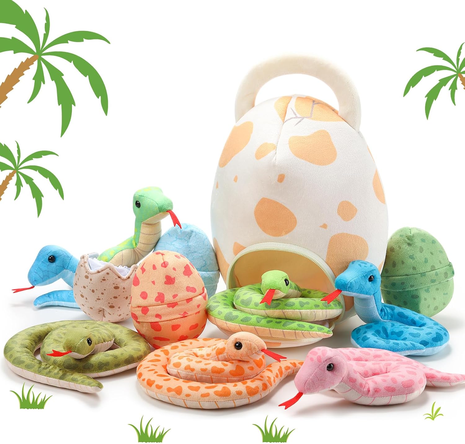HyDren 12 Pieces Snake Stuffed Animal Snake Plush Toy and Egg Bag Set — Cute Plush Snakes with Eggs, Soft Realistic Stuffed Toy Gift for Graduation Birthday Halloween, for Boys/Girls