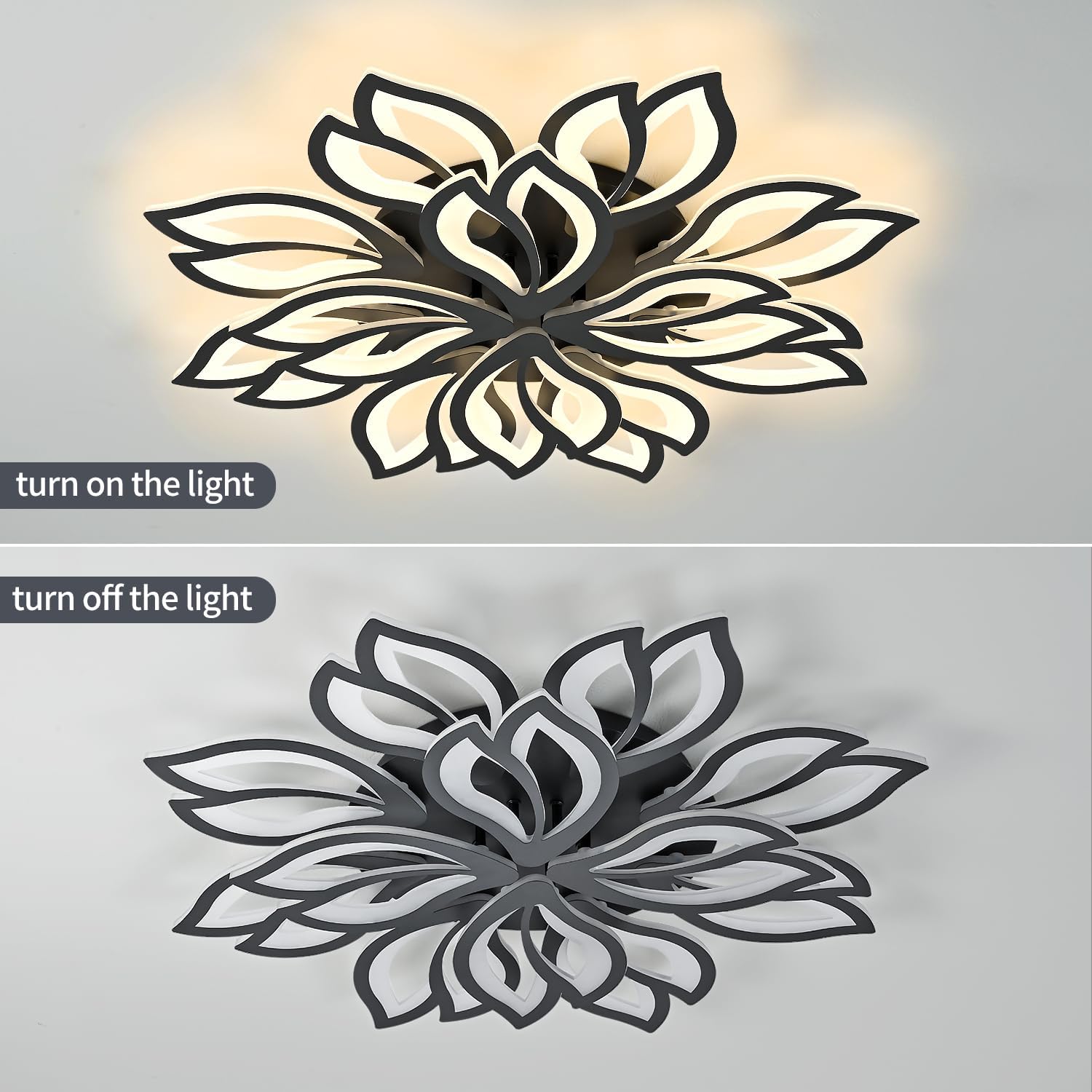 Modern Ceiling Light with APP & Remote Control, Dimmable LED Flush Mount Chandelier with 3-Color, Black Acrylic Flower Ceiling Light Fixture for Living Room Dining Room Bedroom Kitchen-12-Leaves