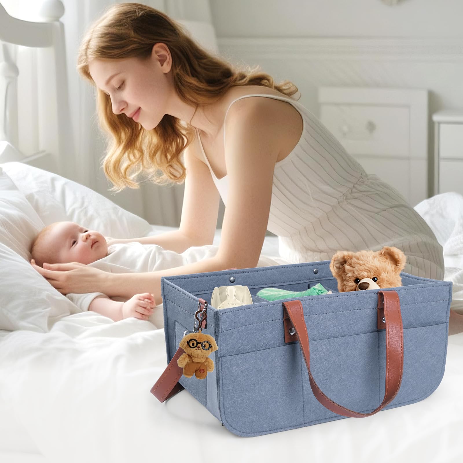 lefeke Diaper Caddy Bag,Car Organizer and Storage,Caddy Organizers with Handles and Straps, Baby Bottle Organizer for Nursery,Portable Baby Diaper Caddy(Grey)