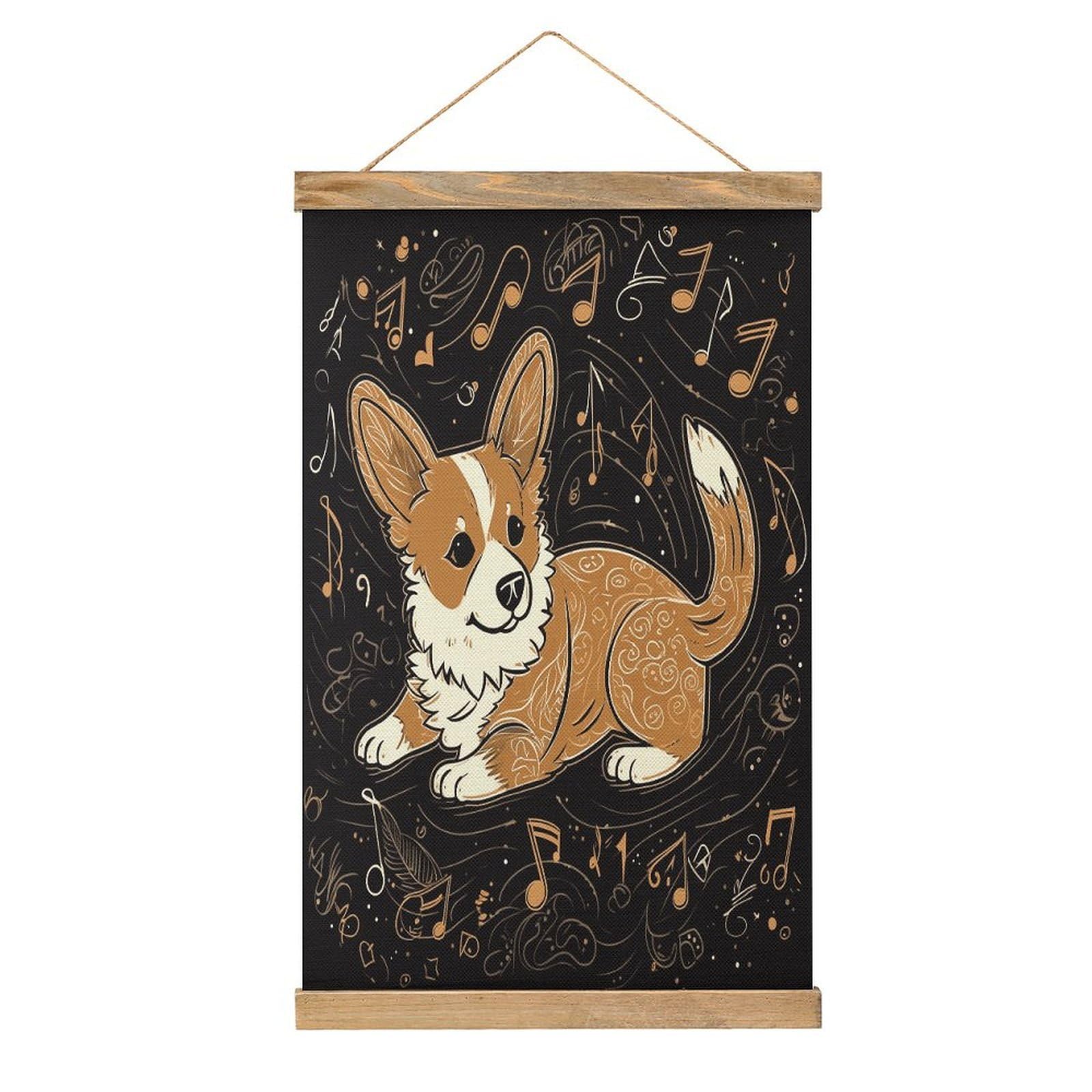 JTREHY Corgi Who Loves Music Linen Hanging Painting Vintage Poster Wall Art Prints Personality Style Wall Hanging Poster for Living Room Office Bedroom Decor Frame 13.2 X 20.47 Inch