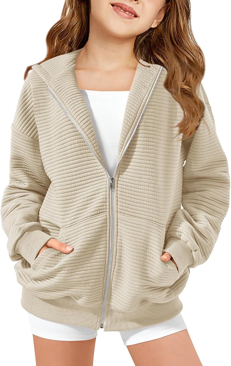 Haloumoning Sudadera con capucha y cremallera para niñas Sudadera extragrande para niños de 5 a 14 años | Tela texturizada, chaqueta con capucha de manga larga, ajuste holgado informal, con bolsillos