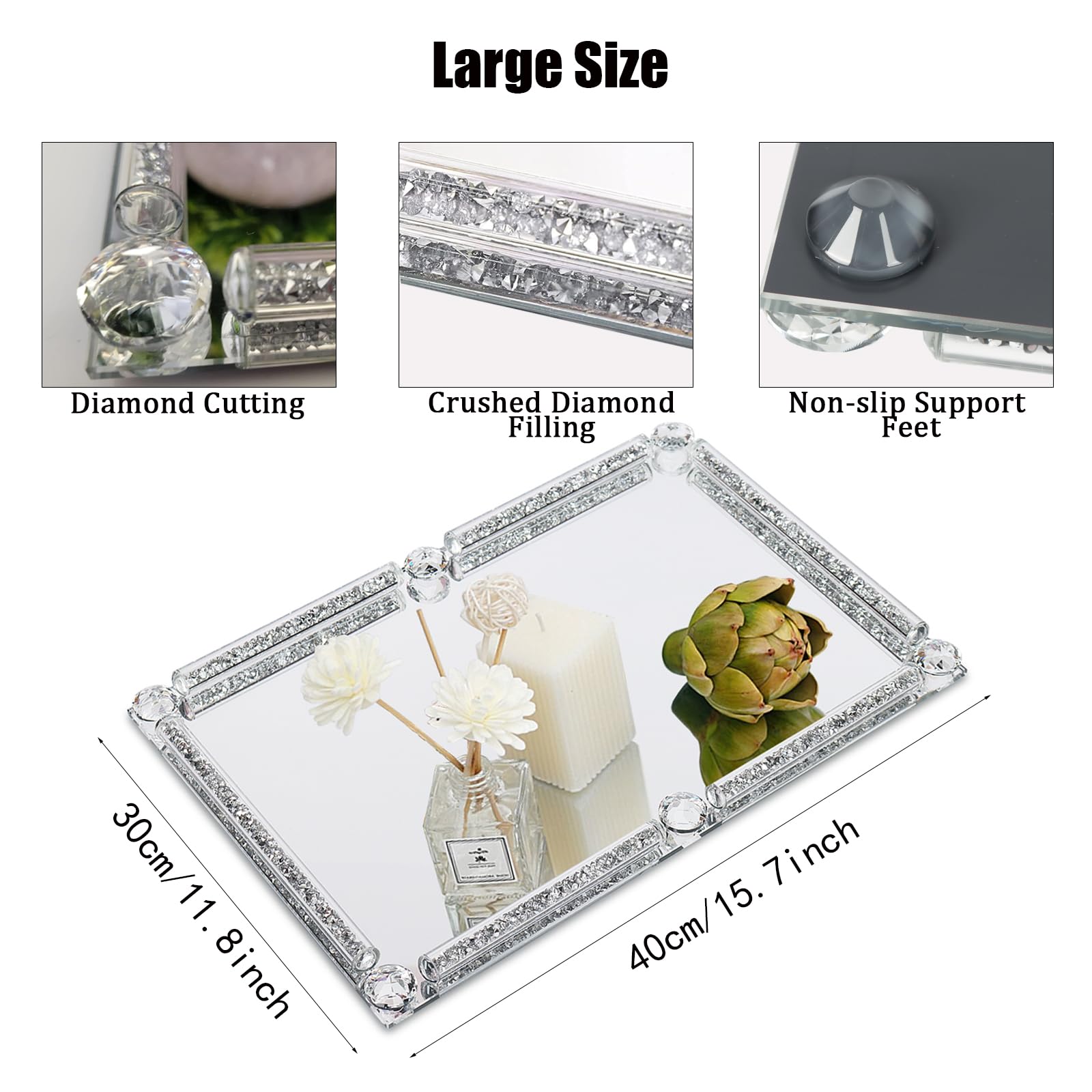 YCWF Large Mirror Perfume Tray for Dresser,Crushed Diamond Filled Glass Vanity Tray, Silver Decorative Bathroom Tray,Crystal Tray for Home Decorative,Party,Hotel Banquet,15.7x11.8x1.4inch