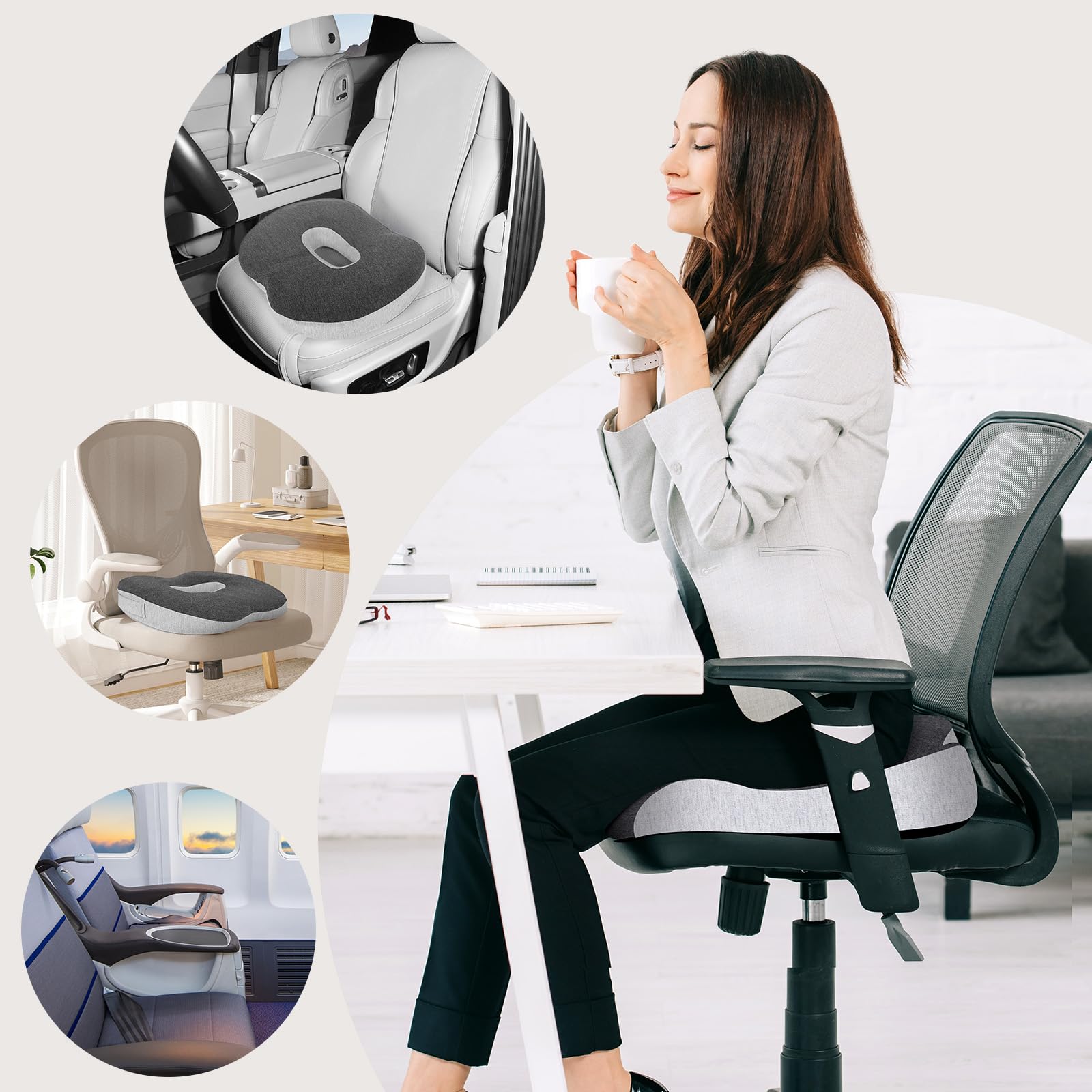 Cozary Cojin Coxis Espuma con Memoria, Cojin Antiescaras, Cojin Ergonomico Silla Oficina para Silla de Oficina, Silla de Ruedas, Asiento de Coche, 44 x 41x 8 cm, Gris