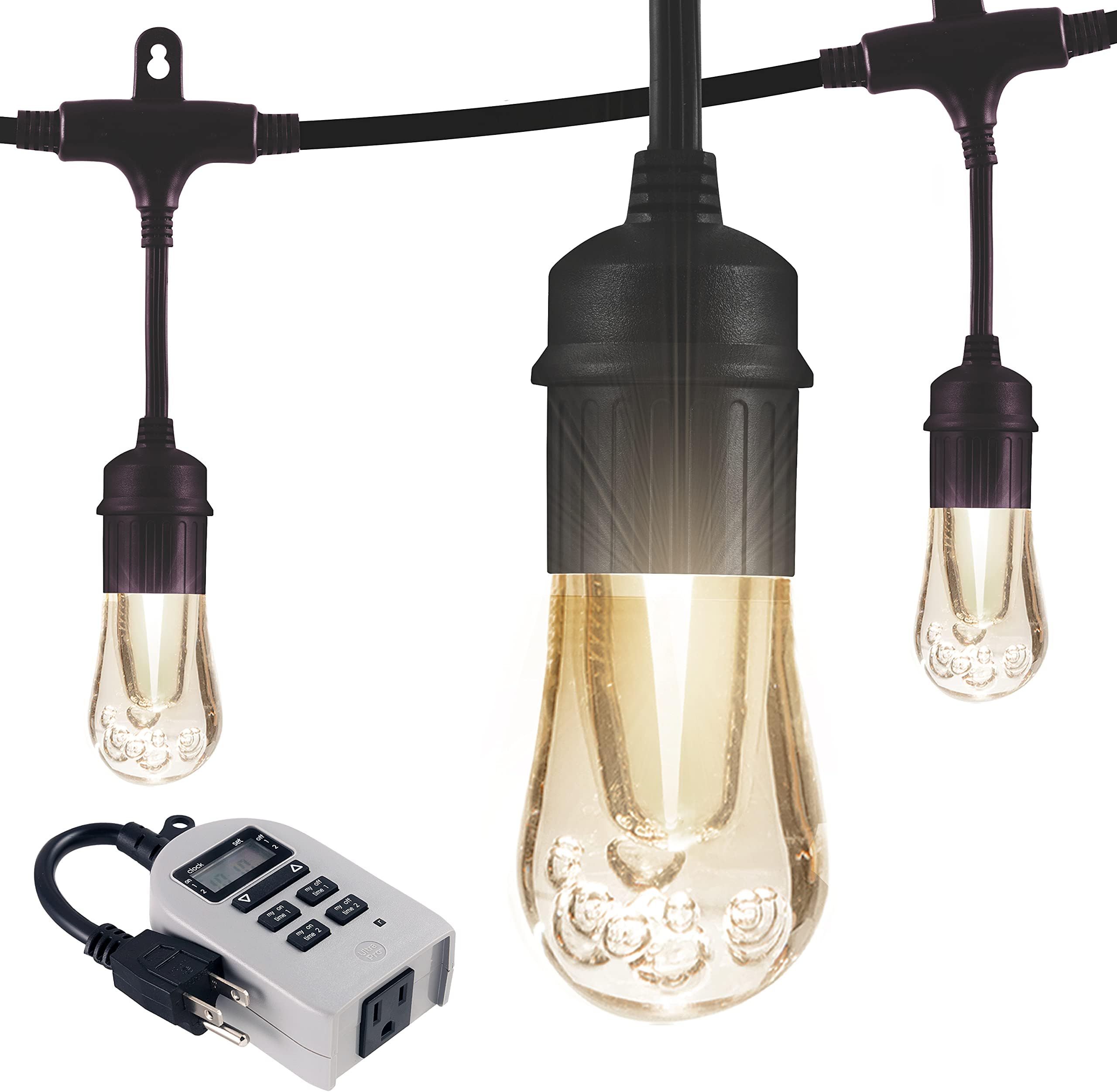 Enbrighten Vintage LED Café String Lights, 24ft, 12 Acrylic Bulbs, Indoor/Outdoor + UltraPro Simple Set Digital Timer, 1-Outlet Grounded