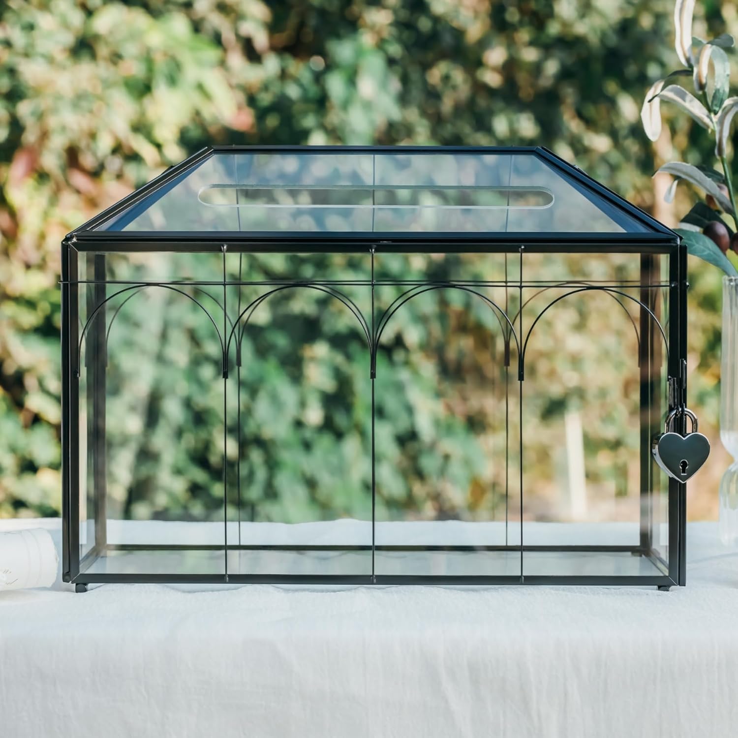 NCYP Wedding Glass Cards Box with Slot and Lock - 12.6" x 5.9" x 9" Vintage Indoor Tabletop Geometric Terrarium, Black Card Holder for Reception, Wishwell, Party Decor (Glass Box Only)