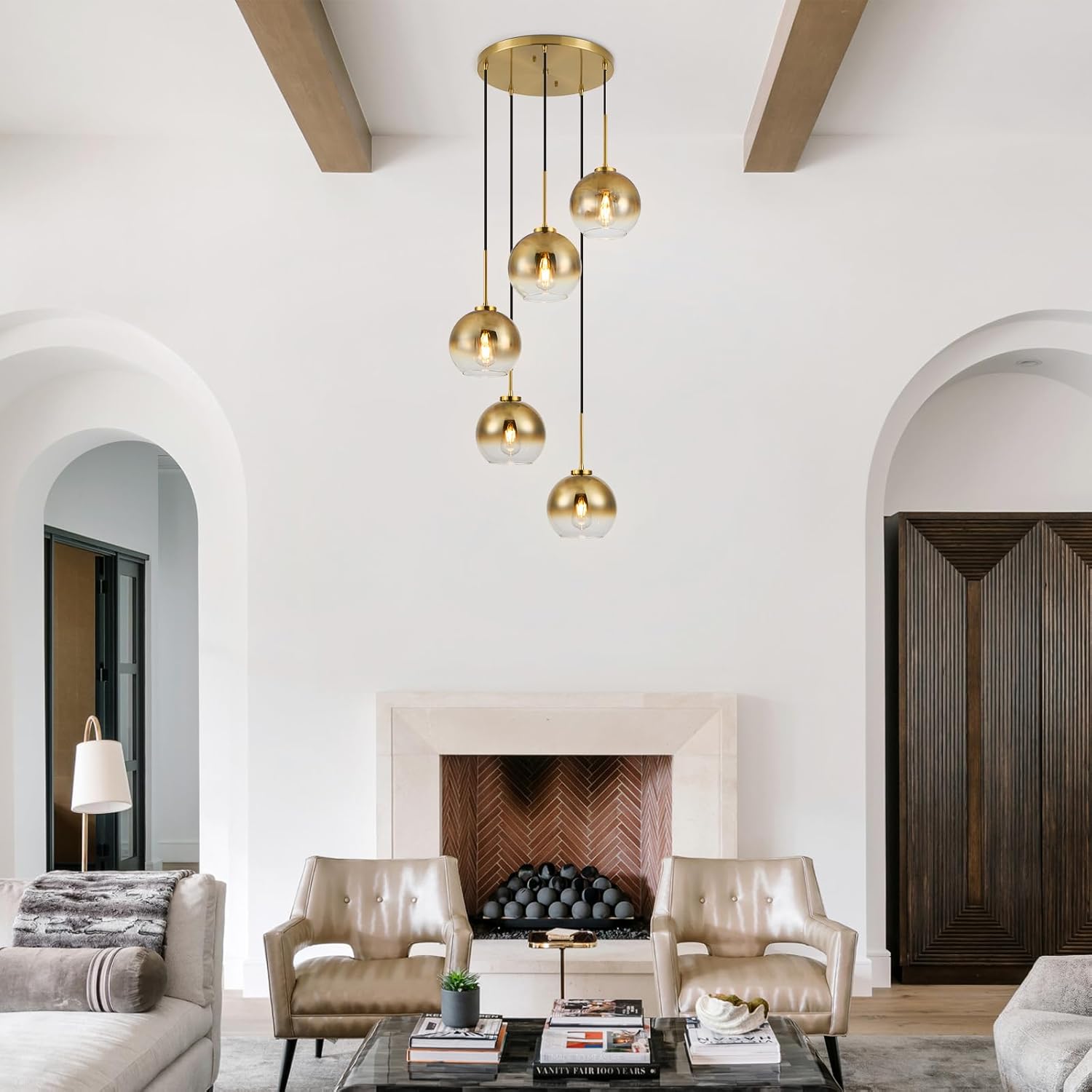 Mid Century Modern Chandelier, 5-Light Gradient Gold Glass Pendant Lights Kitchen Island, Pendant Lights with Adjustable Cord, Pendent Lighting for Kitchen Island, Staircase, Dining Room