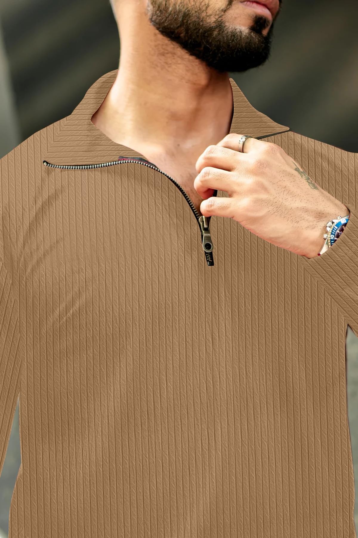 KAJARU Men's Quarter Zip Pullover T-Shirt, Cable Knit Pattern, Full Sleeve (in, Alpha, 2XL, CHIKU) - Image 9 thumbnail