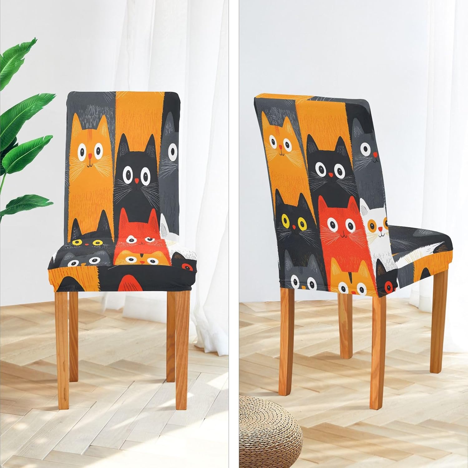 ALAZA Chair Covers for Dining Room, Cat White Tile Pattern Stretch Chair Cover Sets Chair Protector Removable Washable for Ktichen Restaurant Hotel