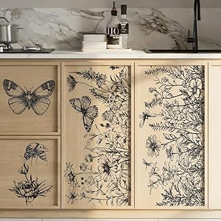 PLIGREAT 3 Sheets Black Flowers Rub on Transfer for Furniture 6"x12" Sketch Floral Butterfly