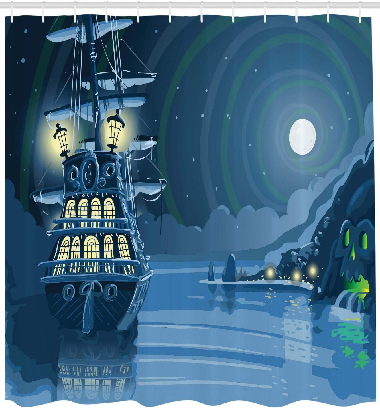Ambesonne Nautical Shower Curtain, Detailed Illustration of Nocturnal Adventure Island with Anchored Pirate Ship and Moon, Cloth Fabric Bathroom Decor Set with Hooks, 69" W x 84" L, Aqua Blue