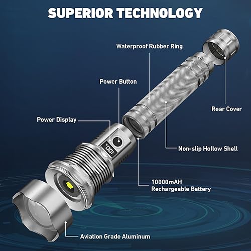 Miniatura 8 de NiaoChao Linternas LED recargables de alto lúmenes, 900000 lúmenes, linterna súper brillante, 10000 mAh, 5 modos IPX7, impermeable, potente luz de