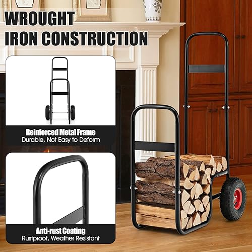 Miniatura 7 de Tangkula Carrito de leña, transportador de almacenamiento de madera con ruedas giratorias y mango ergonómico, transportador de rodillos de acero