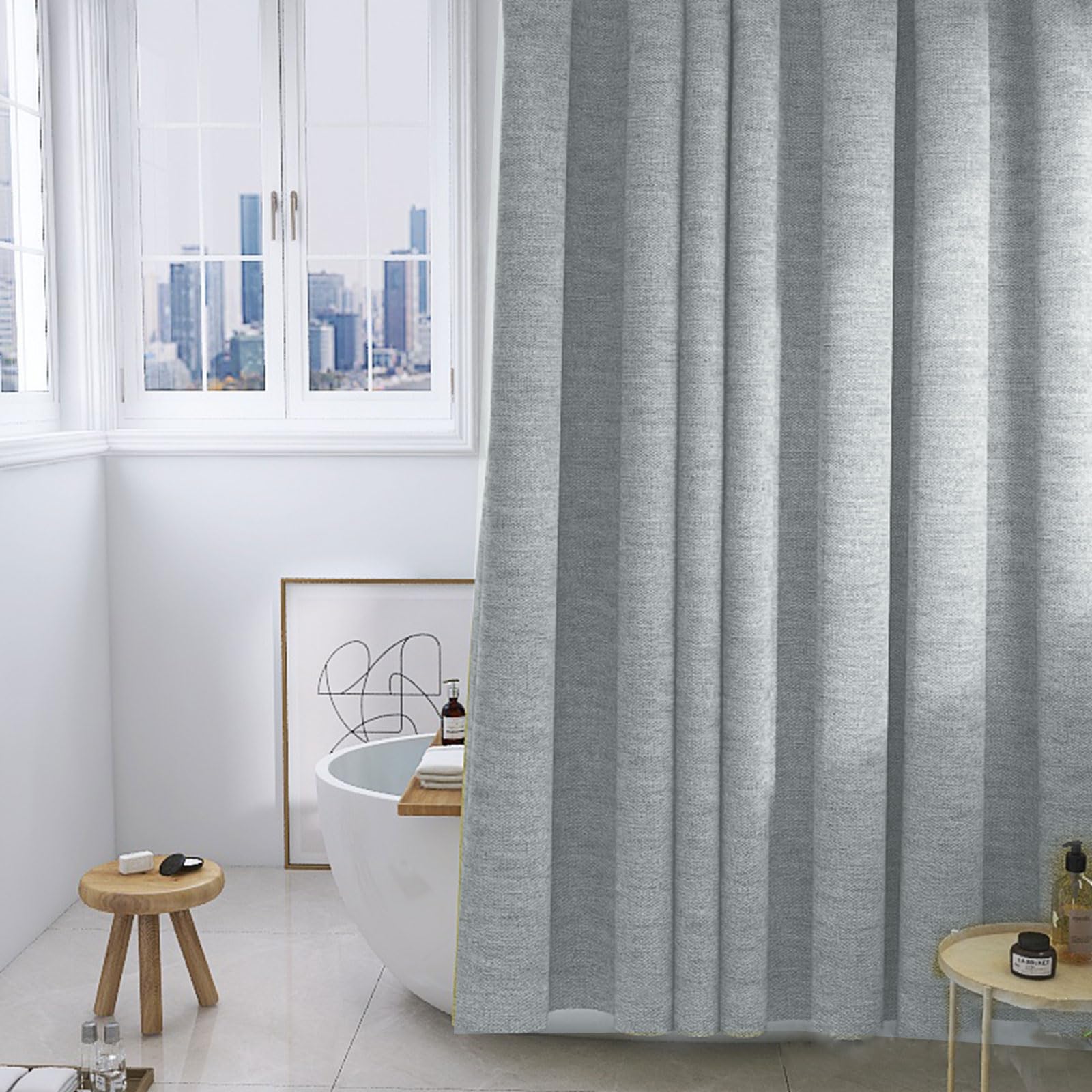 YISURE Rideau de douche gris sans crochet de style lin, rideau de douche en tissu robuste pour salle de bain, pas de crochets nécessaires, lavable en machine, 183 x 183 cm