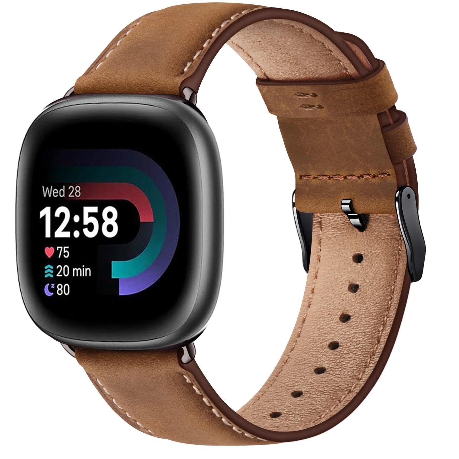TUV PLNT Leather Strap Compatible With Fitbit Versa 4 Strap/versa 3/Sense 2/Sense for Men, Leather Replacement Band (Brown)