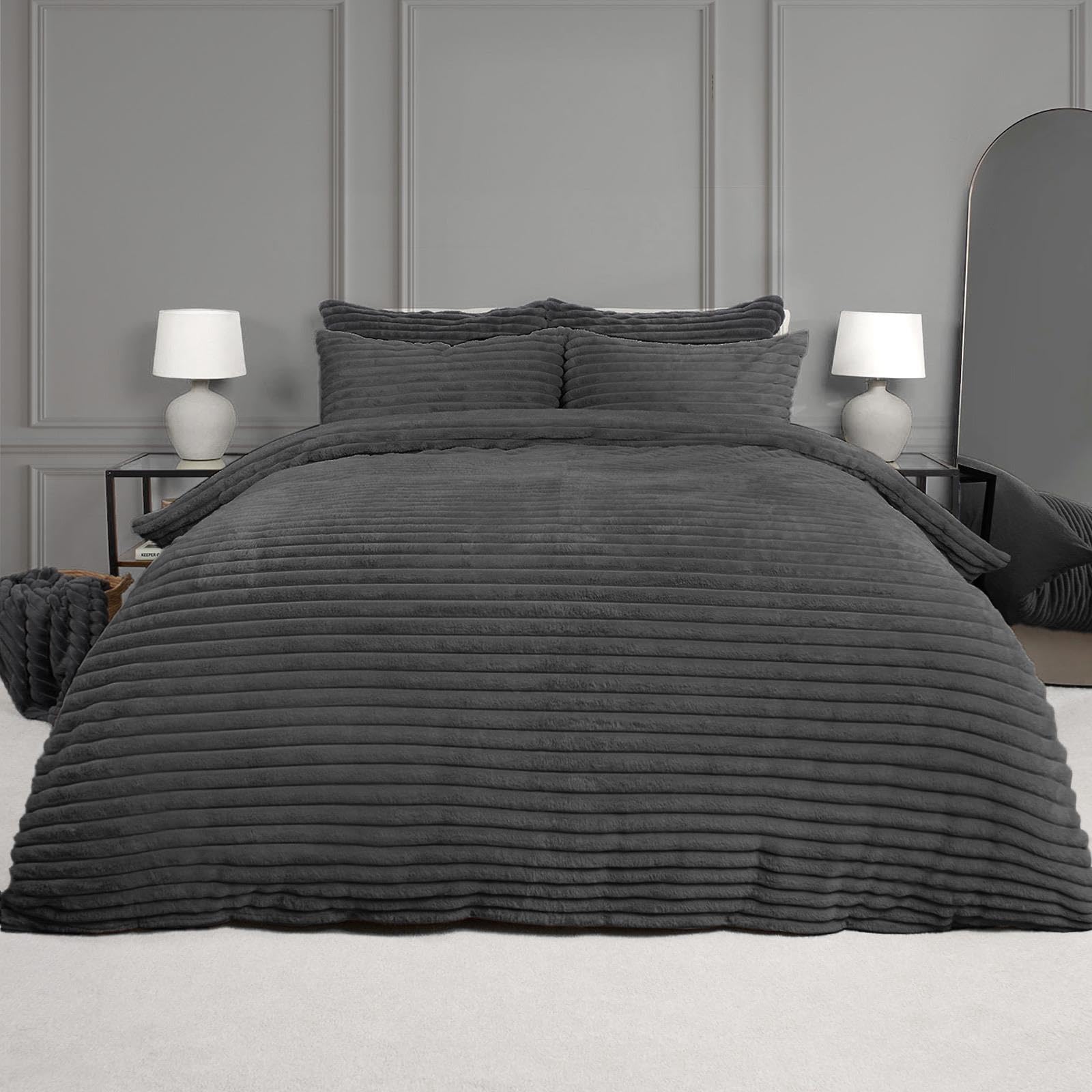 OHS Super King Duvet Cover Chunky Grey, Fluffy Teddy Bedding Super King with Pillowcases Warm Ultra Soft Reverse Fleece Teddy Duvet Set