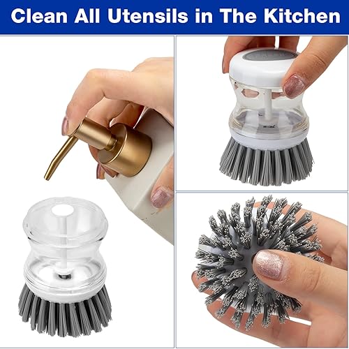 Miniatura 3 de Maxcheck 4 cepillos de platos con dispensador de jabón, cepillo para fregar platos para platos, olla, sartén, fregadero de cocina, lavado (gris)
