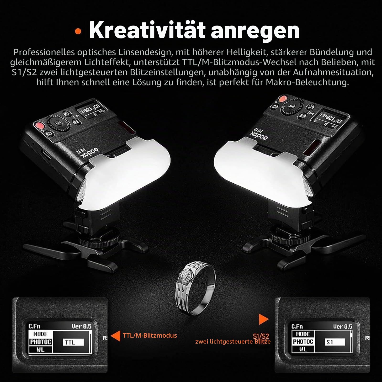 Godox MF12 Kit2 Makroblitz TTL 2,4GHz Funk-Ringblitz mit integrierter Batterie, 500 Blitze bei voller Leistung, Leistung 1/128–1/1, kompatibel mit Canon Sony Nikon Fujifilm Olympus Panasonic