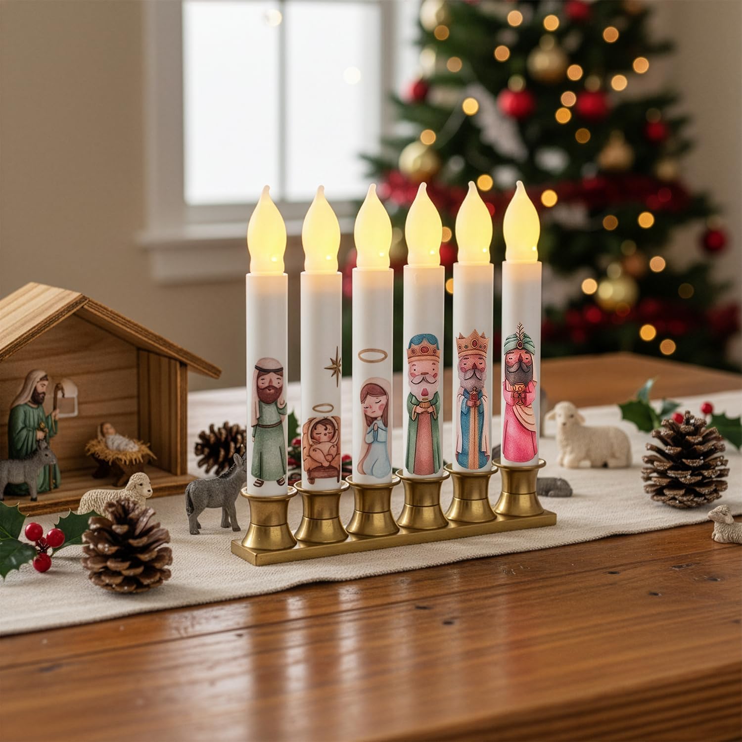 Christmas Nativity Scene Candles Set 6 Pcs Advent Candles with Remote Control Jesus Religious Theme Taper Candle Nativity Table Decoration Jesus Navidad for Christmas Holiday