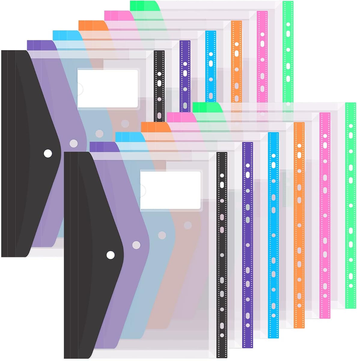 Colorlife Binder Pocket 12 Pack Plastic Envelopes Binder Folders 11 Holes Expandable Binder Folders for 2/3/4 Ring Document Pouch with Snap Button & Label Loose-Leaf Transparent for Office School Home
