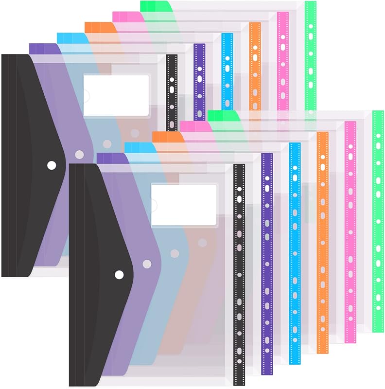 Colorlife Binder Pocket 12 Pack Plastic Envelopes Binder Folders 11 Holes Expandable Binder Folders for 2/3/4 Ring Document Pouch with Snap Button & Label Loose-Leaf Transparent for Office School Home