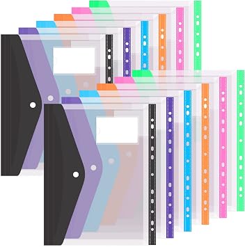 Colorlife Binder Pocket 12 Pack Plastic Envelopes Binder Folders 11 Holes Expandable Binder Folders for 2/3/4 Ring Document Pouch with Snap Button & Label Loose-Leaf Transparent for Office School Home