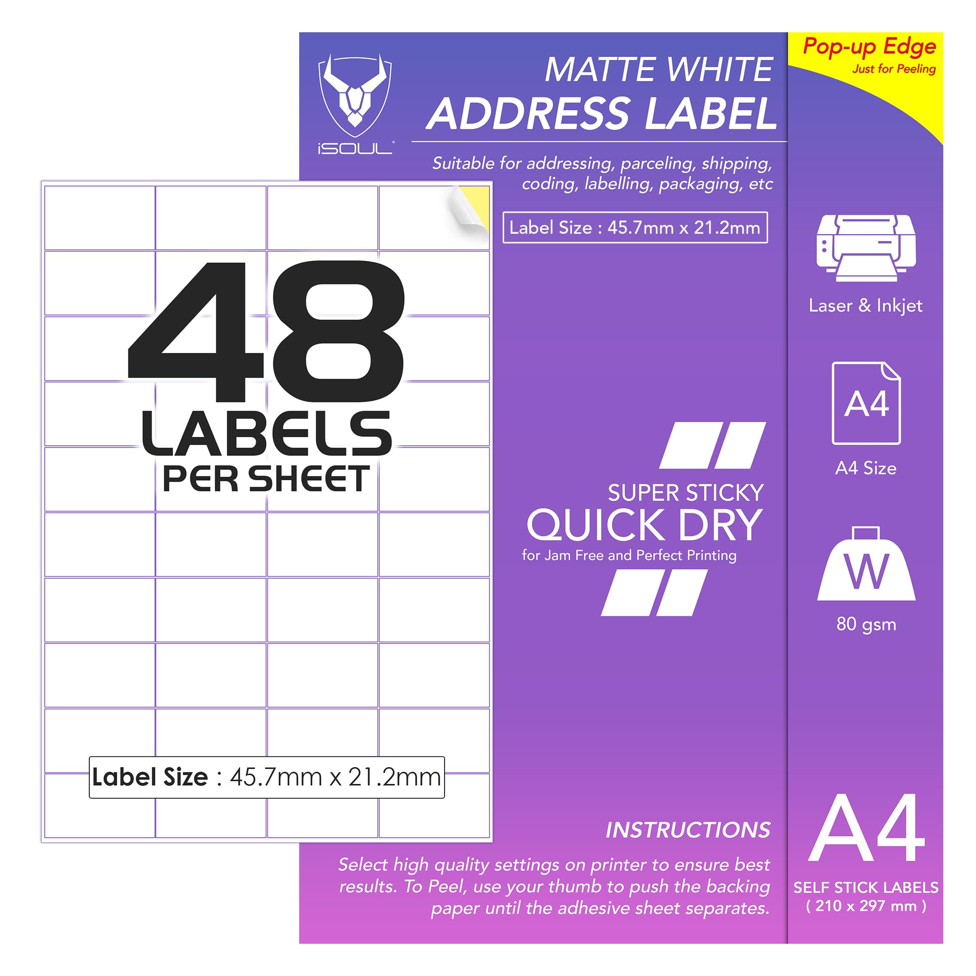 48 Address Labels Per A4 Sheet, 50 Sheets Label, Self Adhesive Mailing Printer Shipping Label for Inkjet and Laser Printers, Printable Sticky Sheet Sticker