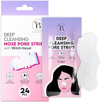 BLOOMORA Nose Pore Strips, Blackhead Remover with Witch Hazel for Deep Cleansing, Pore Cleaner & Whitehead Remover, Skincare for Clearer, Smoother, Radiant Skin 24 pc