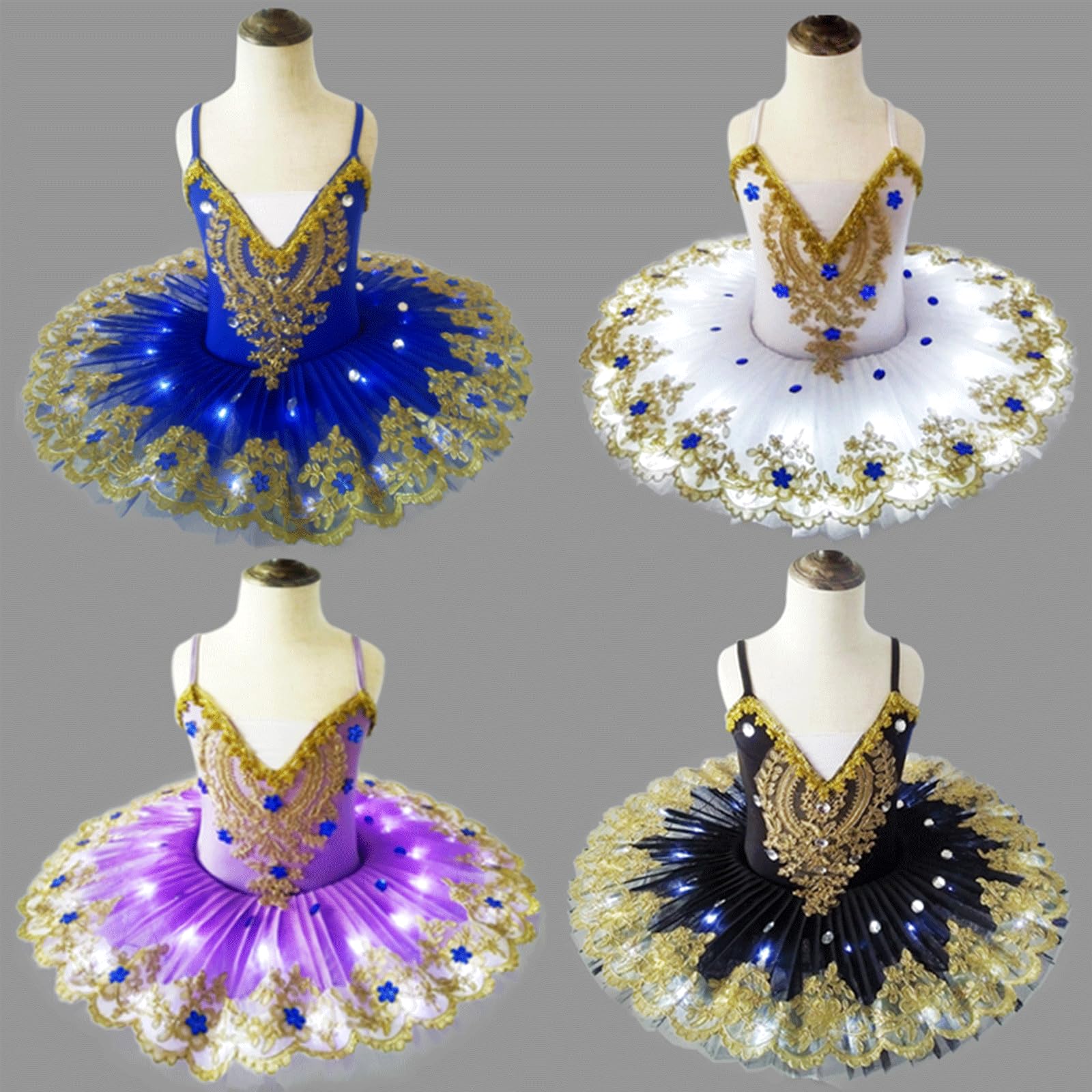 FGRID Vestido de Ballet Profesional para niñas con Lago de Cisne, Leotardo LED, tutú de Bailarina, Camisola Encaje con Lentejuelas, Disfraz de Baile de Cisne con panqueque,Purple led,140