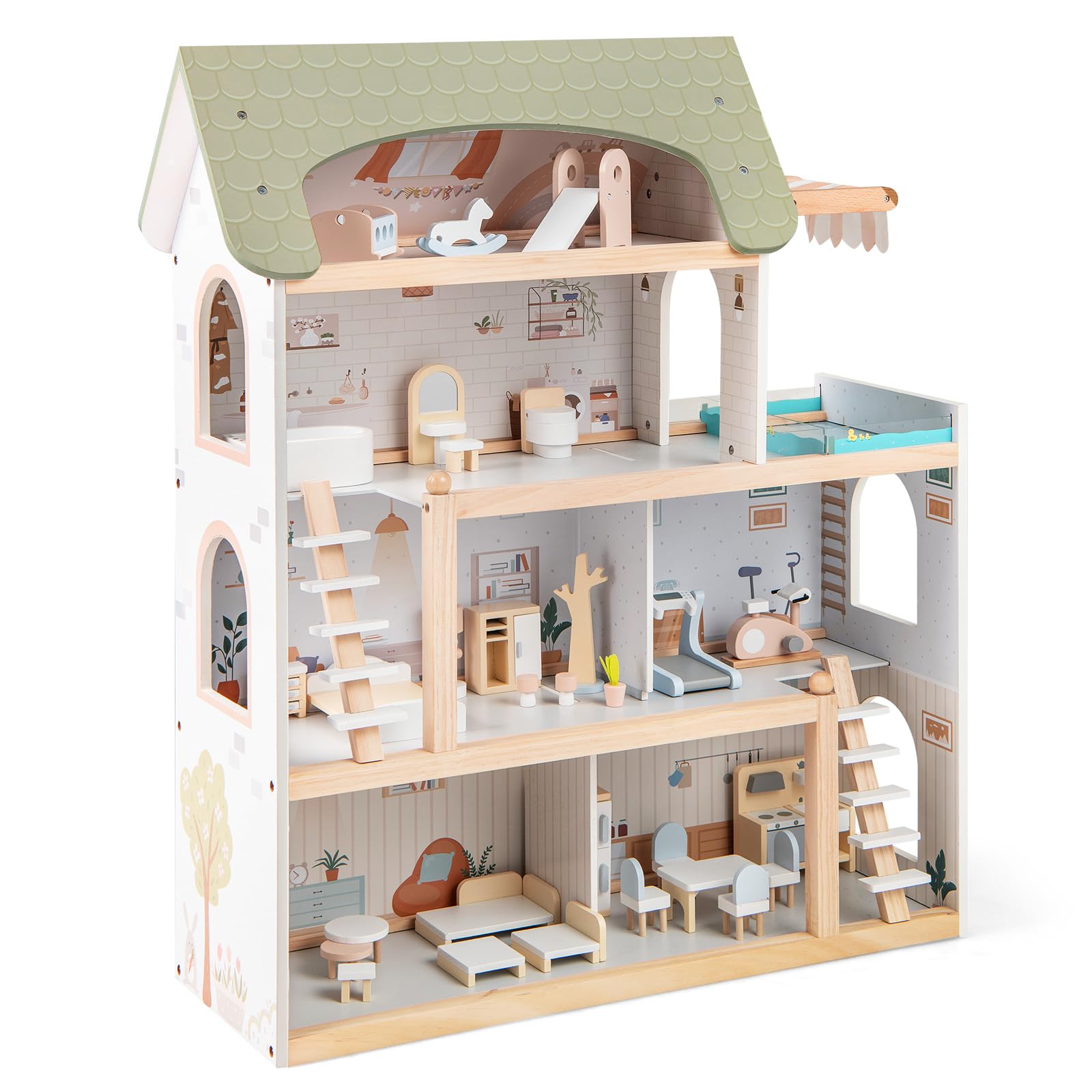 GOPLUS Casa de Muñecas de Madera para Niños, Casa Moderna de 4 Pisos con 33 Accesorios de Muebles, 6 Habitaciones, Balcón con Piscina, Juguete de Juego de Simulación para Niños de 3+ Años
