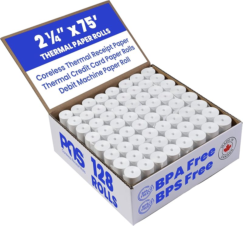 2 1/4 x 75 ft 128 Rolls CORELESS BPA Free BPS Free Thermal Paper Rolls debit & credit