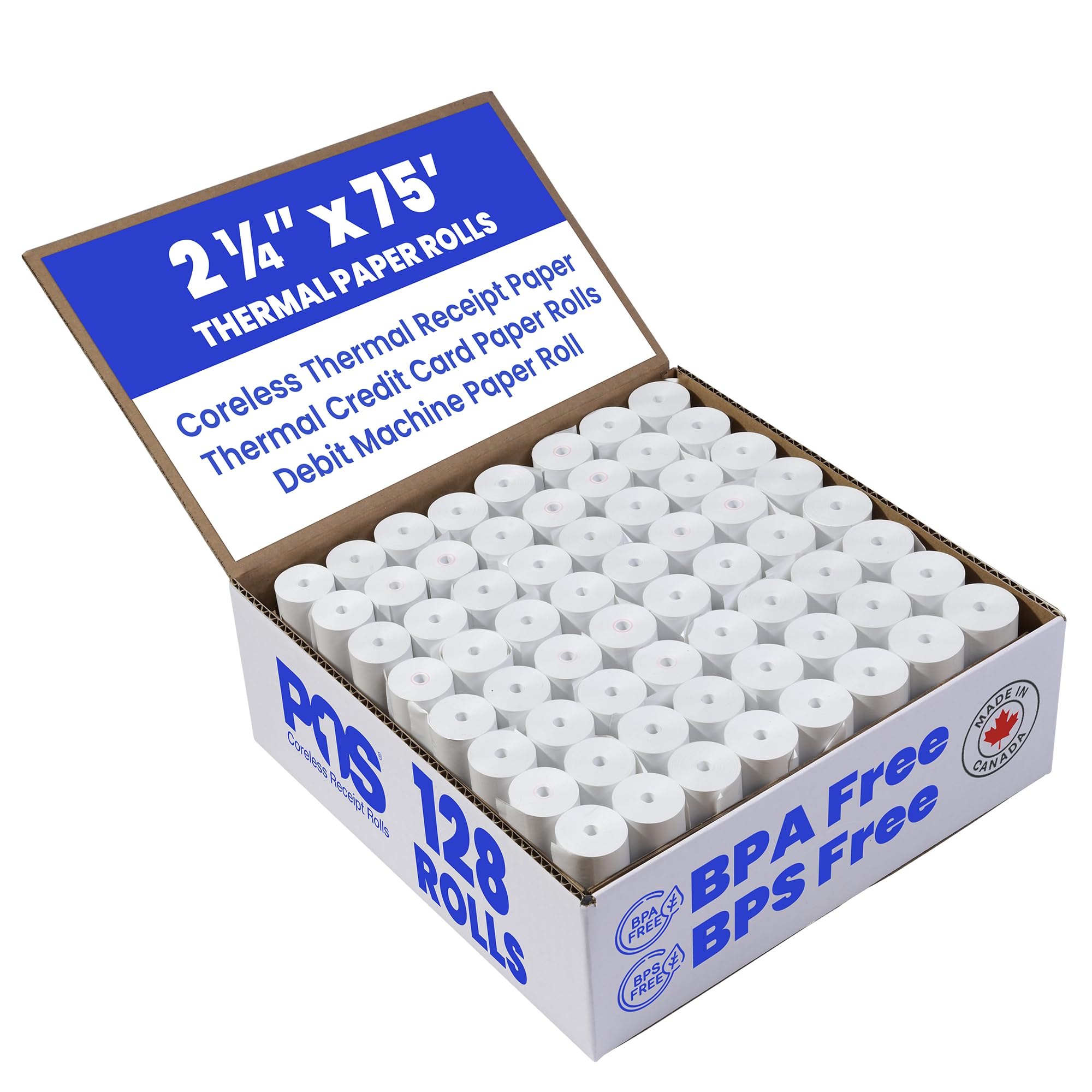 Papel térmico 2 – 1/4 "x 75 pies 1.5"/38 mm de diámetro, Coreless, libre de BPA