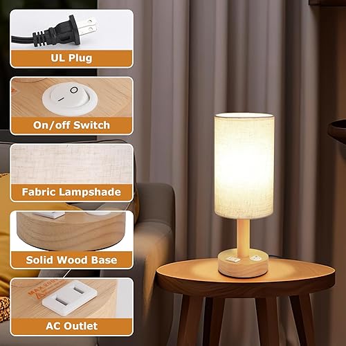 Miniatura 6 de Lámpara de mesita de noche pequeña con salida de CA, base de madera natural y pantalla de lino, mini bonita y acogedora mesita de noche blanca