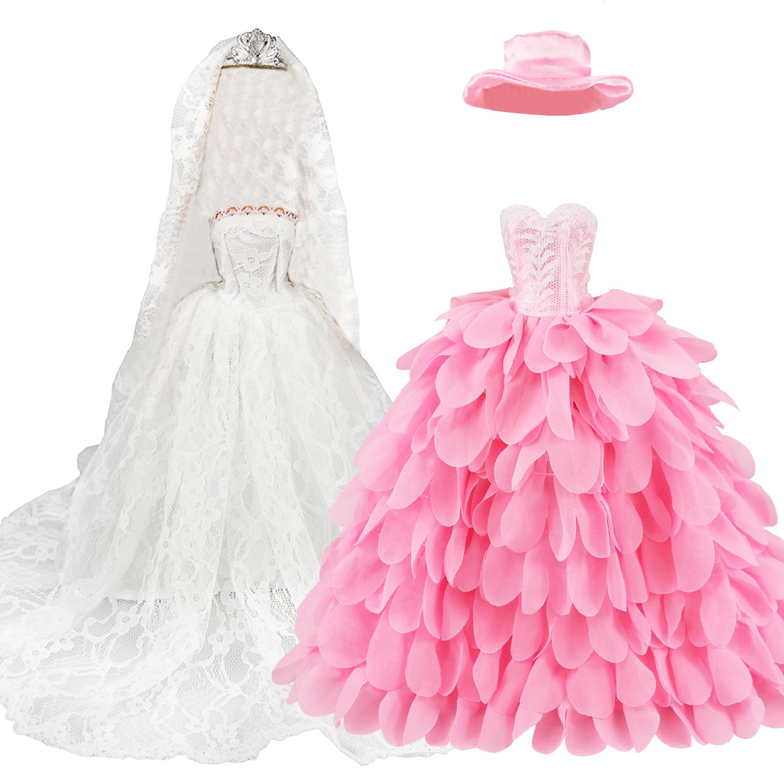 Barwa White Wedding Dress with Veil and Pink Princess Evening Party Clothes Wears Gown Dress Outfit with Hat for Barbie Doll