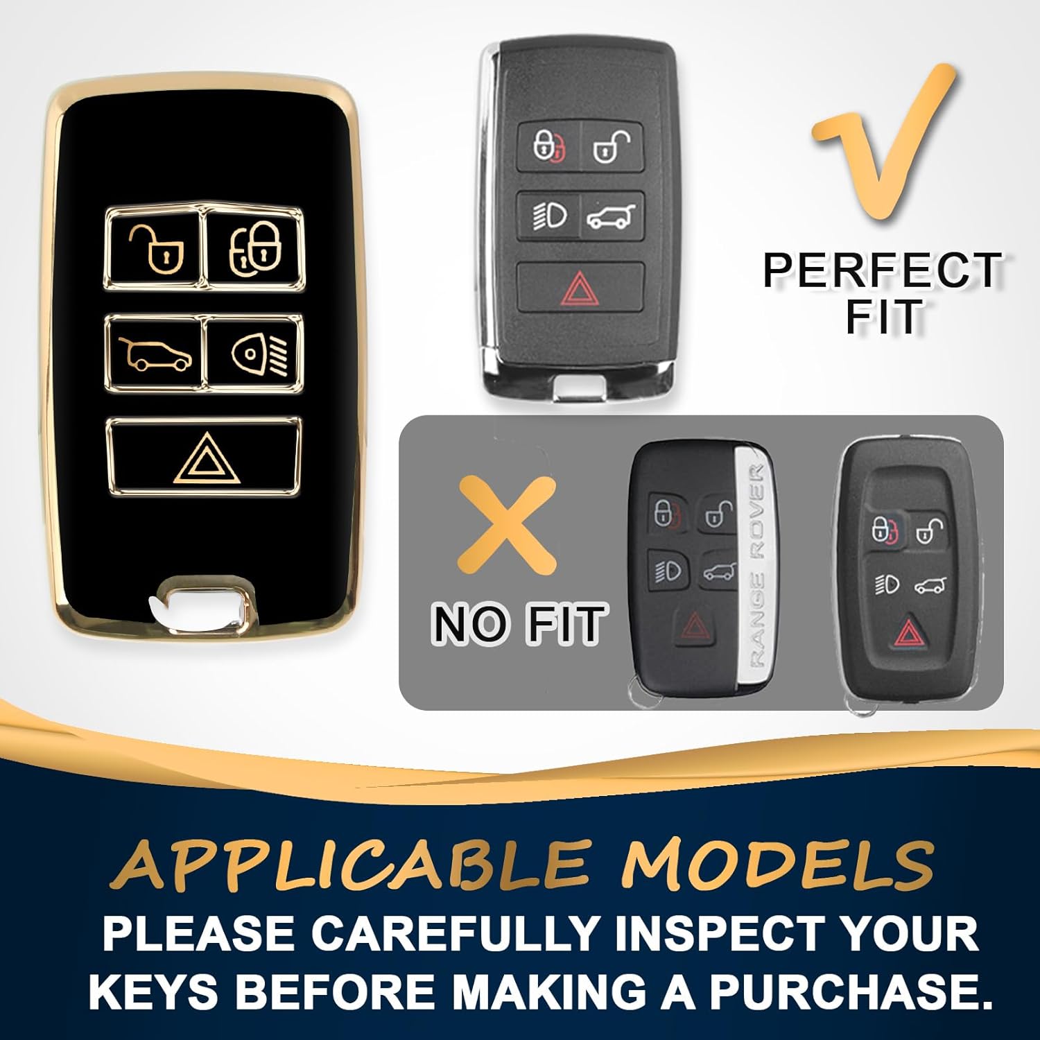 QBUC for Land Rover Key Fob Cover with KeyChain Soft TPU Gold Trim Key Case Full Protection Compatible with 2018-2026 Land Rover Range Rover Evoque Sport Vogue Discovery 5 Jaguar E I-PACE (Black) - Image 2