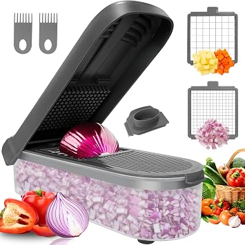 LHS Multifunctional Food Chopper - Onion, Vegetable Slicer Dicer Cutter, Potato Cutter - Veggie Chopper with Container 4 in 1, Grey