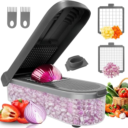 LHS Multifunctional Food Chopper - Onion, Vegetable Slicer Dicer Cutter, Potato Cutter - Veggie Chopper with Container (4 in 1, Grey)