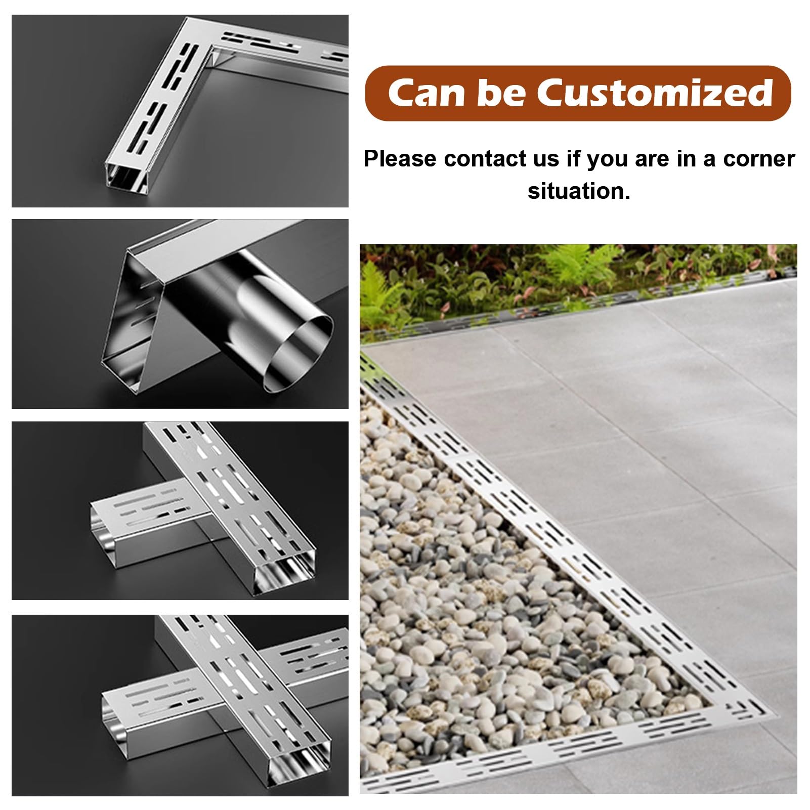 Canal de drenaje de acero inoxidable 304 para patio, kit de zanja debajo de la cubierta, desviador de agua al aire libre para soluciones de drenaje de aceras y patios, sistema de canalones de alta